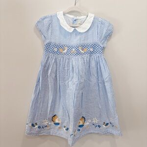 JoJo Maman Bebe Blue and White Striped Smocked Butterfly Dress